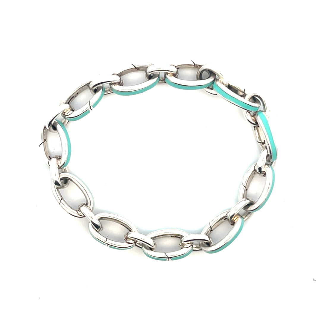 Tiffany & Co Sterling Silver & Blue Enamel Clasping Link Bracelet