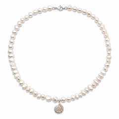 White Pearl Necklace with Ammonite