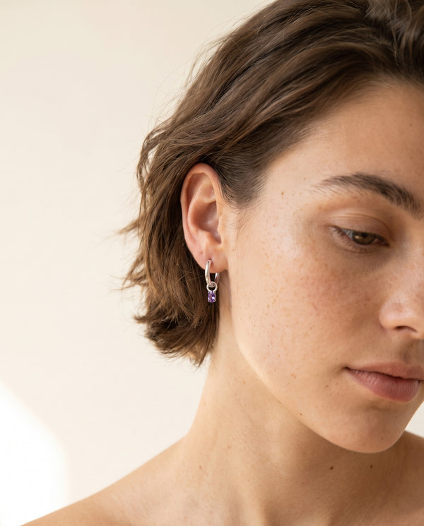 Silver Birthstone Huggie Charm Earring