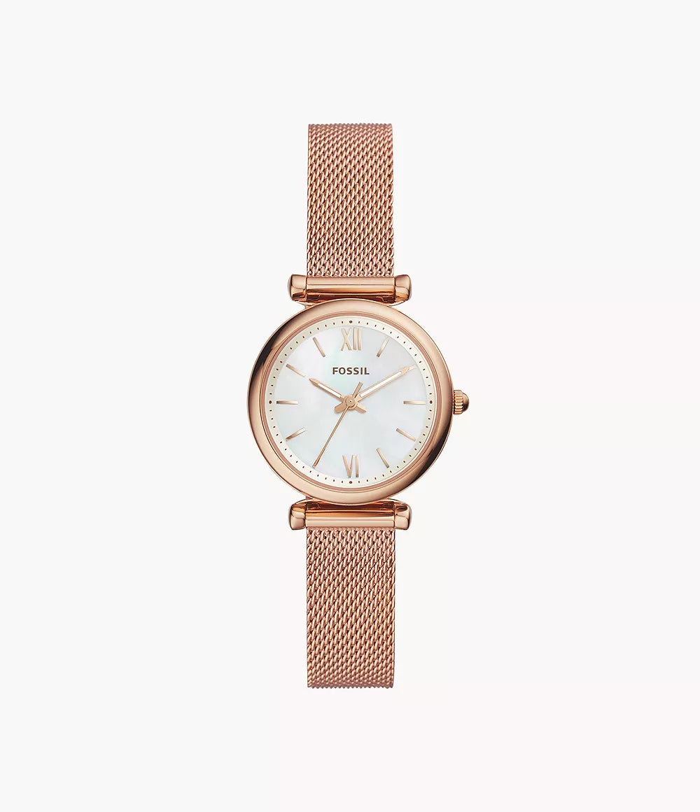 Fossil Carlie Mini rose-gold-tone watch with mother-of-pearl dial and mesh bracelet