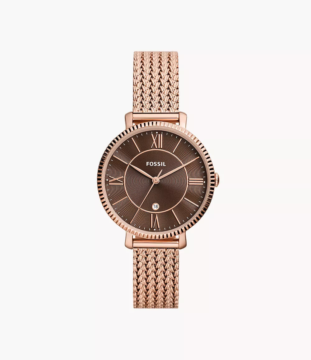 Fossil Jacqueline Three Hand Date Rose Gold Tone Stainless Steel Mesh Foxhills Jewellers Ltd