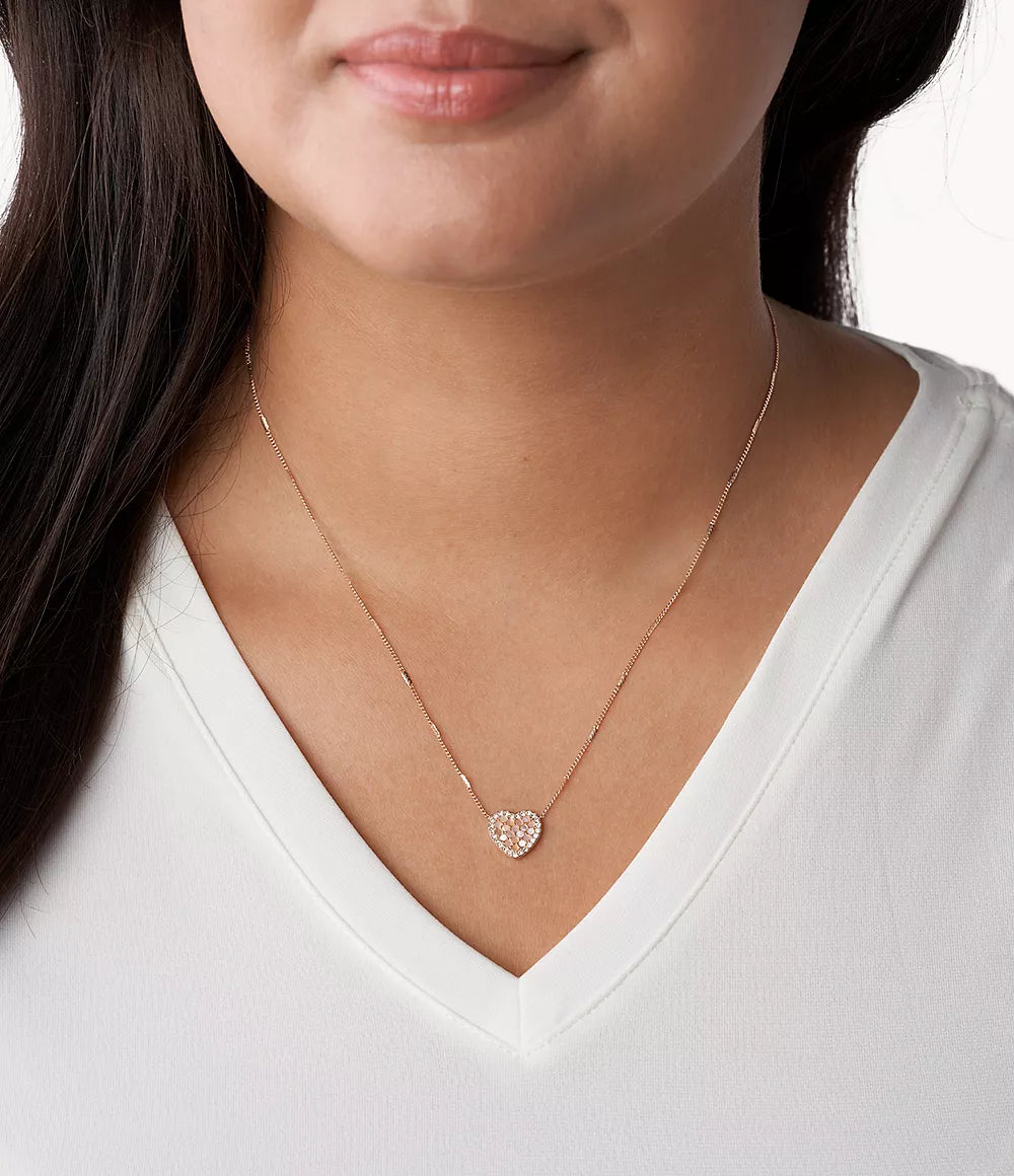 Fossil Mosaic Heart Rose Gold-Tone Stainless Steel Necklace