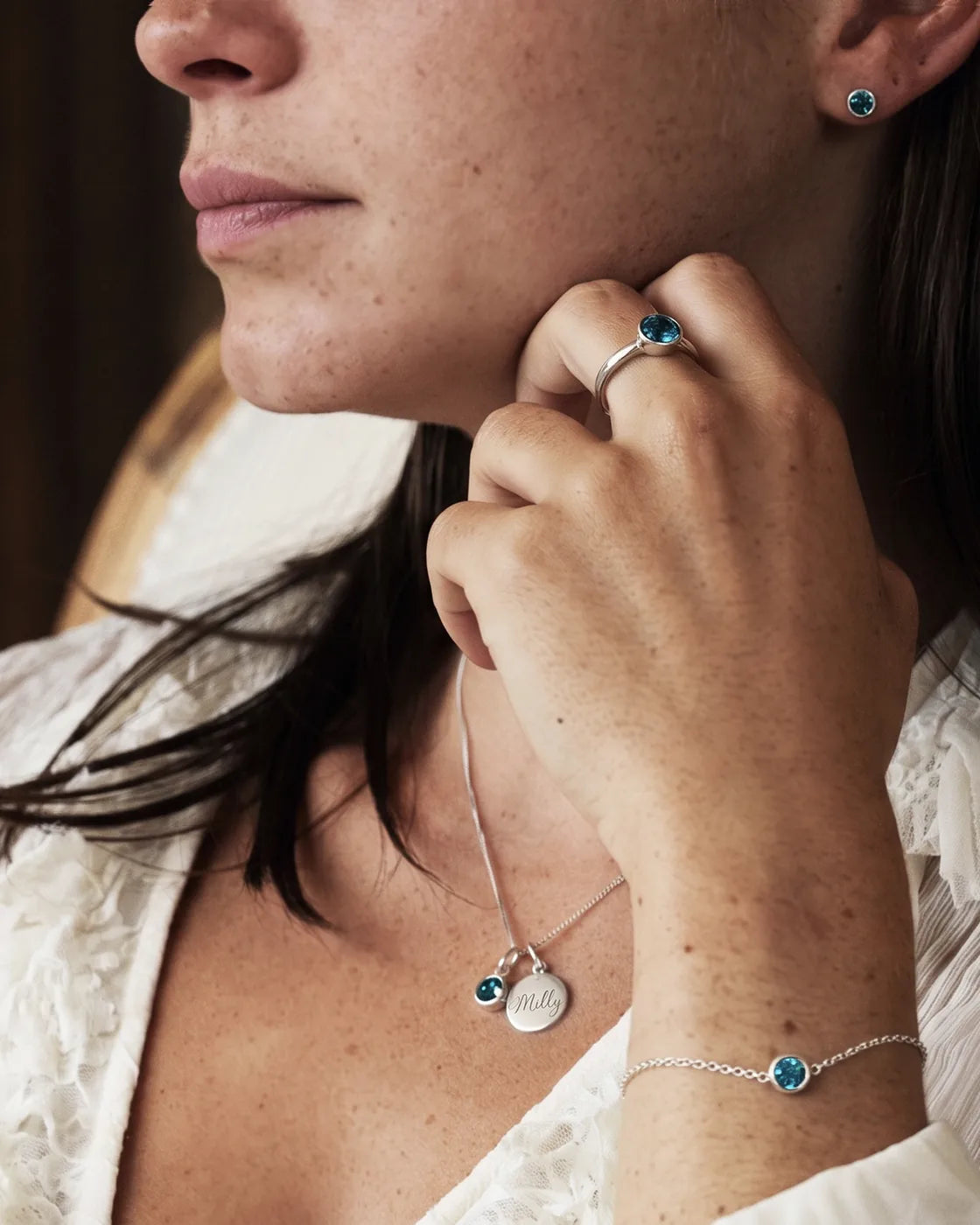 Silver December birthstone engravable pendant, bracelet and ring worn